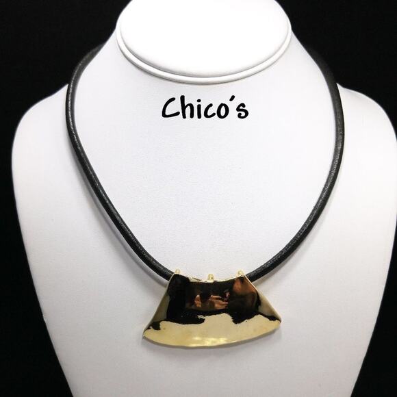 Chico's Gold Pendant Black Leather Necklace, Reflective Gold Tone, 20 Inches - Picture 1 of 8